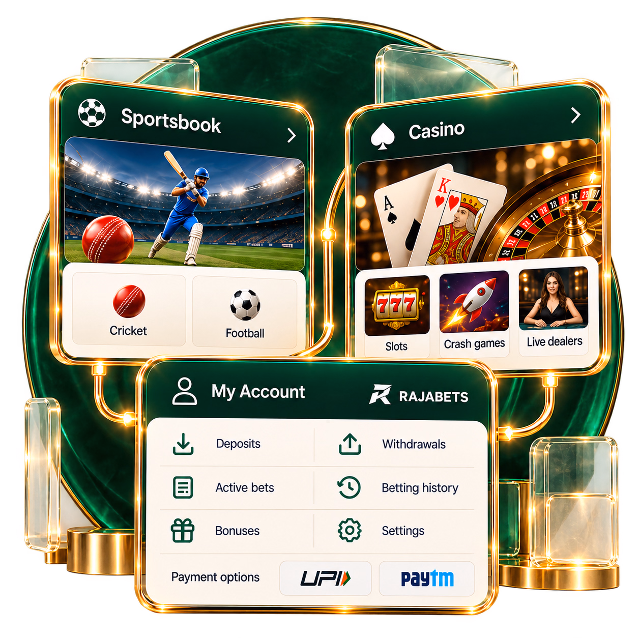 Rajabets Sportsbook, Casino, and Account panels with payment options on metallic gold stands